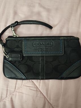 Coach Black Signature Wristlet with Blue Stitching